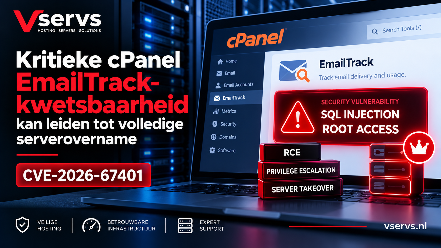 Kritieke cPanel EmailTrack-kwetsbaarheid CVE-2026-67401 kan leiden tot root-toegang en volledige serverovername