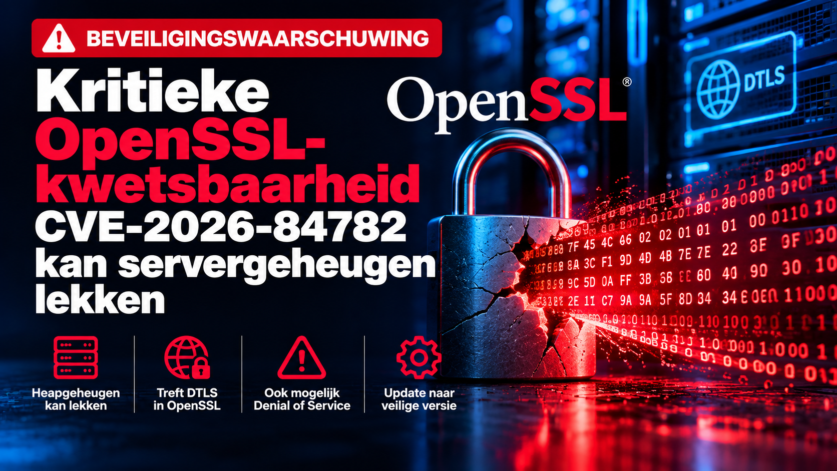 OpenSSL kwetsbaarheid CVE-2026-84782 kan via DTLS servergeheugen lekken en Denial of Service veroorzaken