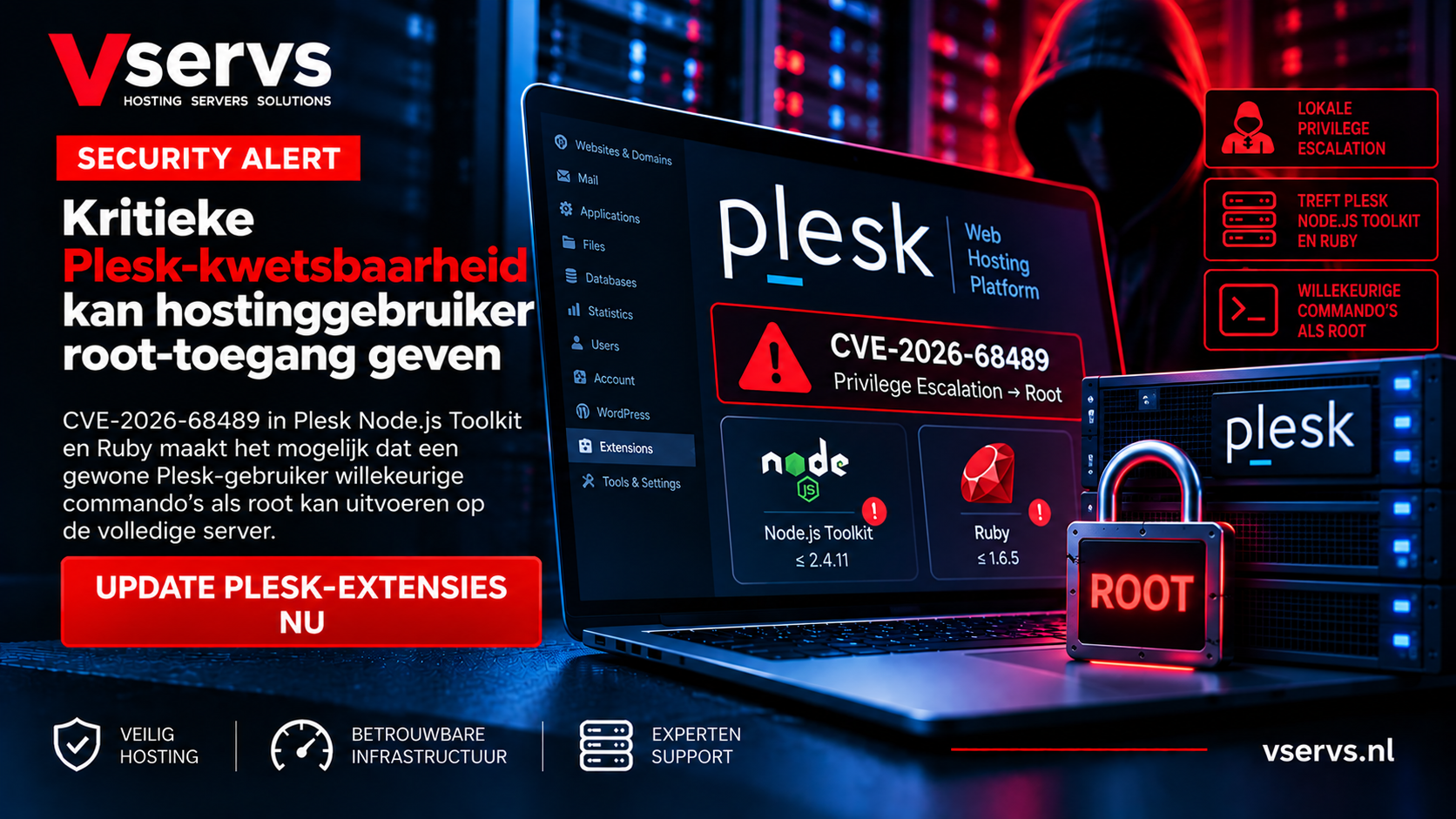 CVE-2026-68489 in Plesk Node.js Toolkit en Ruby kan een hostinggebruiker root-toegang tot de volledige server geven