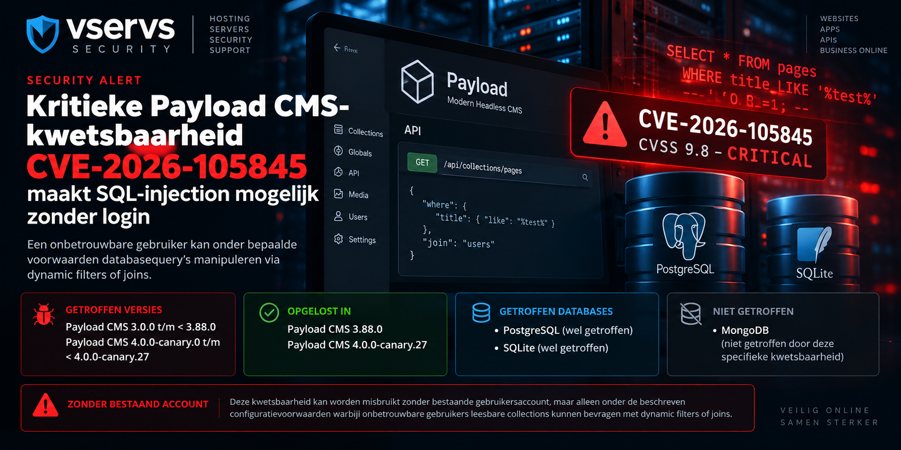 Kritieke Payload CMS SQL-injection CVE-2026-105845 treft PostgreSQL en SQLite databases
