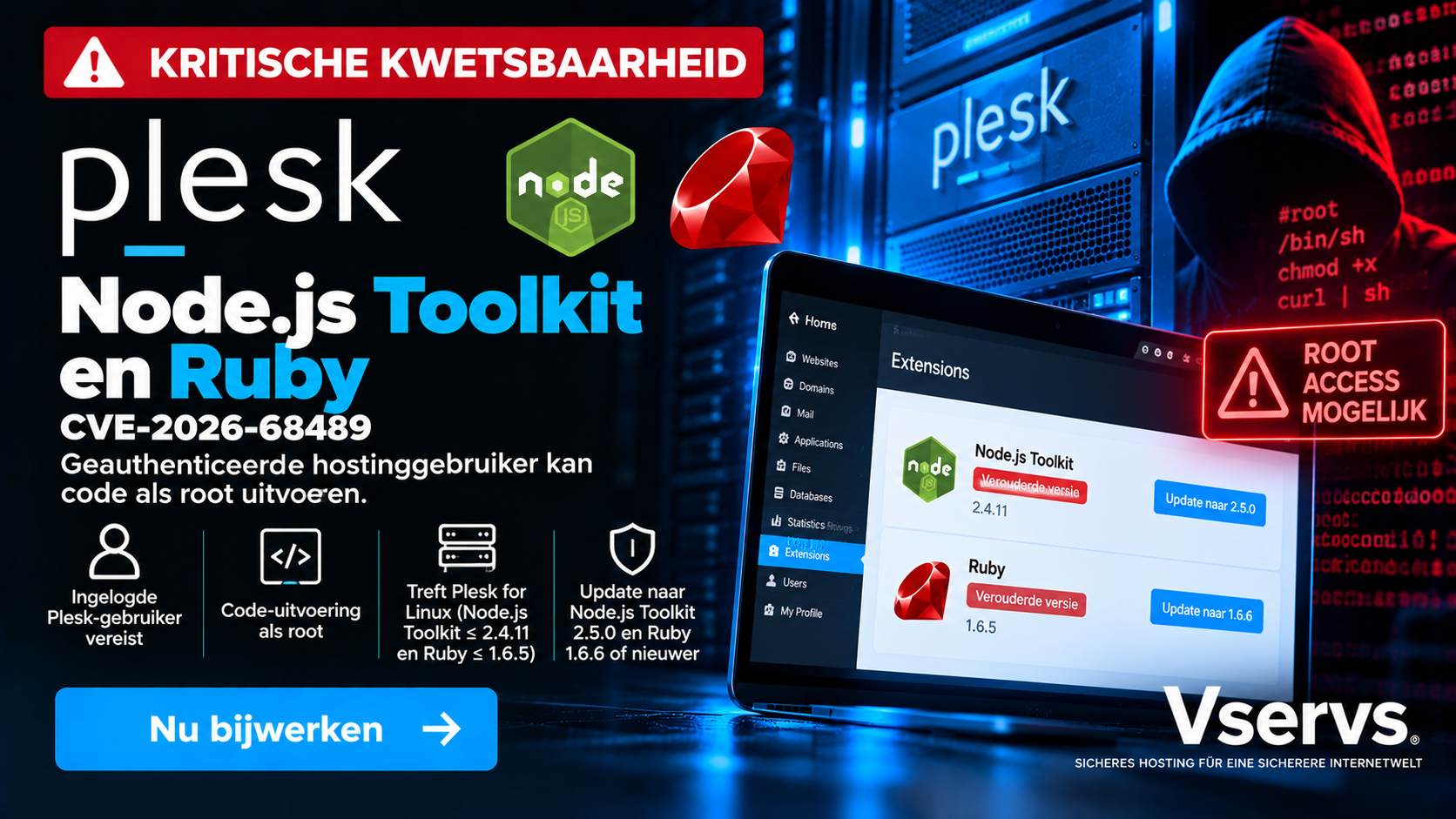 Plesk kwetsbaarheid CVE-2026-68489 maakt code-uitvoering als root mogelijk via Node.js Toolkit en Ruby