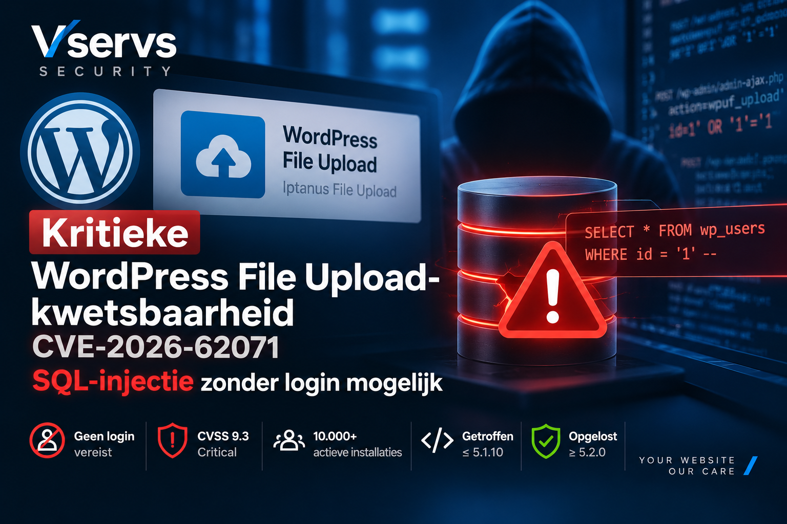 WordPress File Upload kwetsbaarheid CVE-2026-62071 maakt SQL-injectie zonder login mogelijk